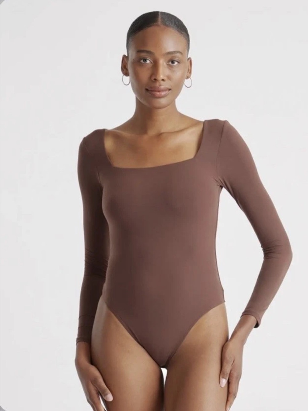 NWT Quince Brown Square Neck Long Sleeve Thong Bodysuit Double Layered XL